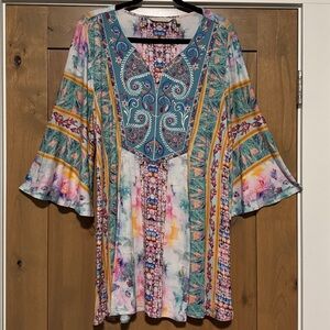 Soft Surroundings heavily Embroidered Tunic Blouse Womens L Bohemian Bell Sleeve